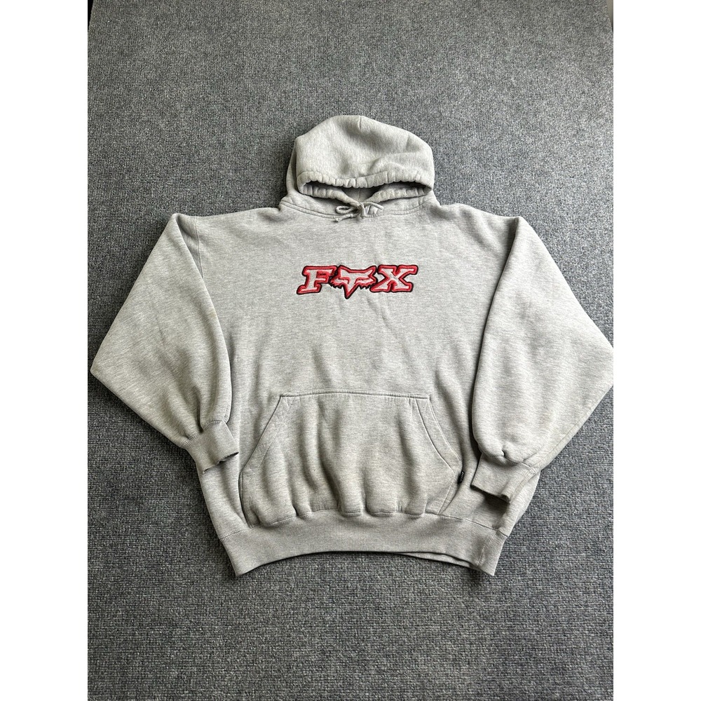 Mens Hoodie Fox Racing Embroidered Logo Gray Fleece Pullover, Size XL
